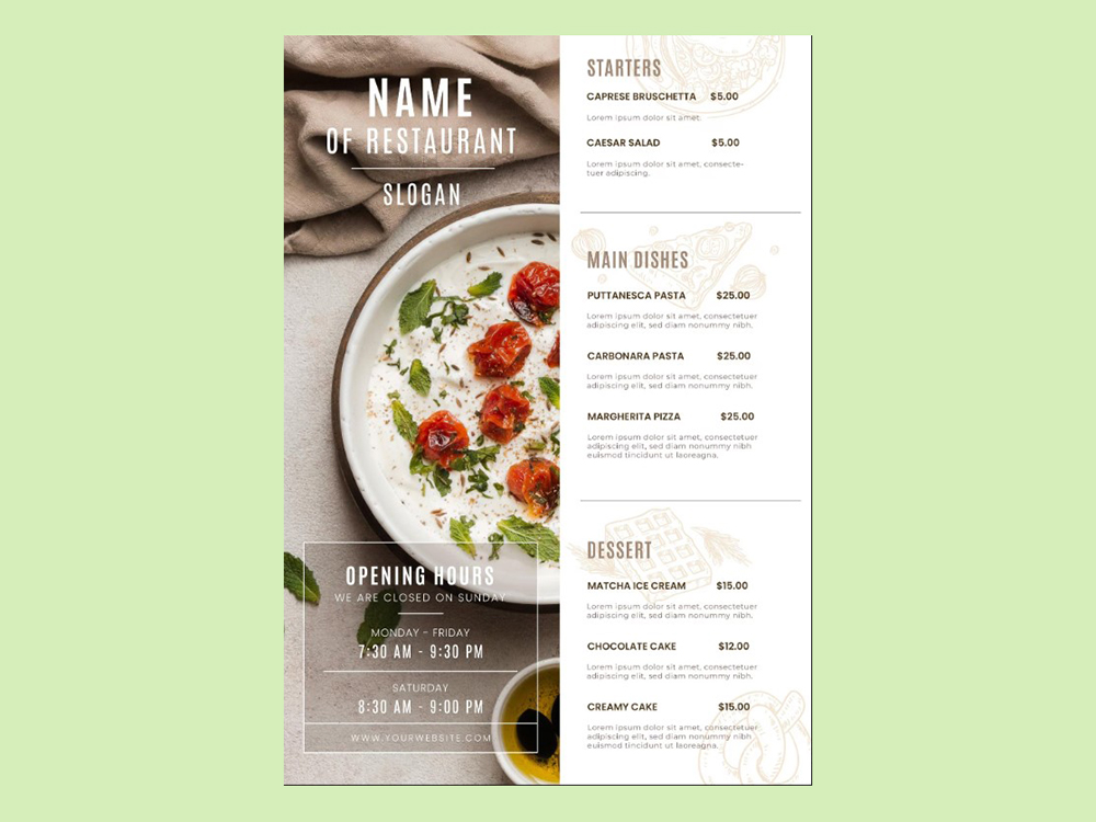 Menu thực đơn nhà hàng, khách sạn hiện đại, sang trọng